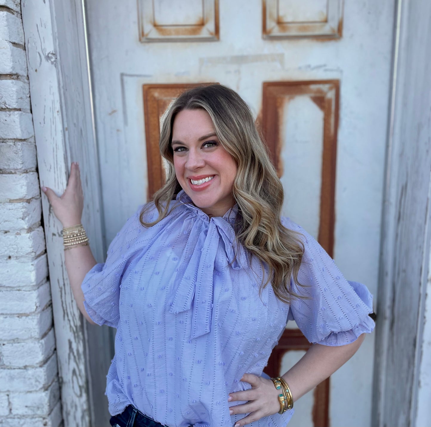 Willow Tie-Neck Top – Textured Lavender Blue Blouse