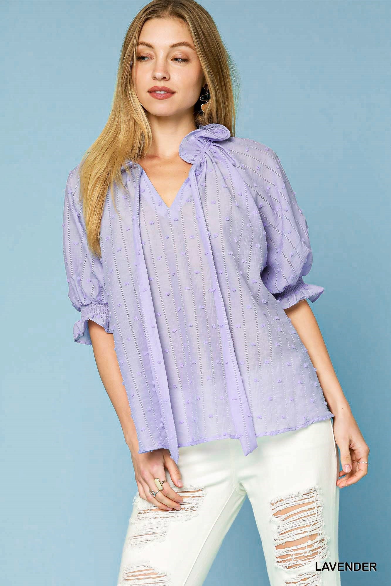 Willow Tie-Neck Top – Textured Lavender Blue Blouse