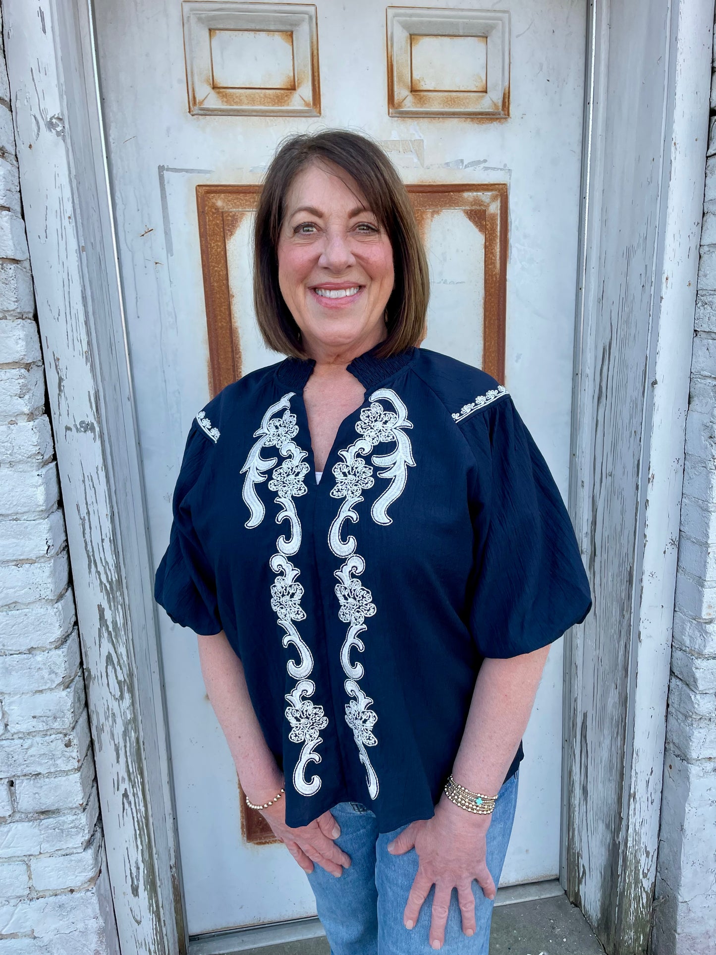 Navy Embroidered Top