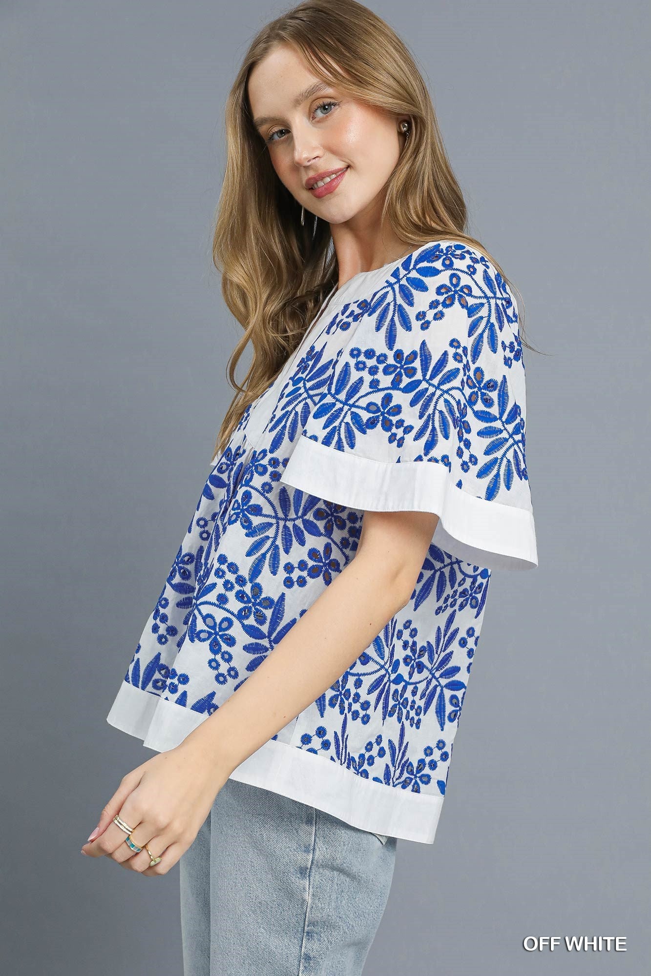Floral Eyelet Split Neck Top
