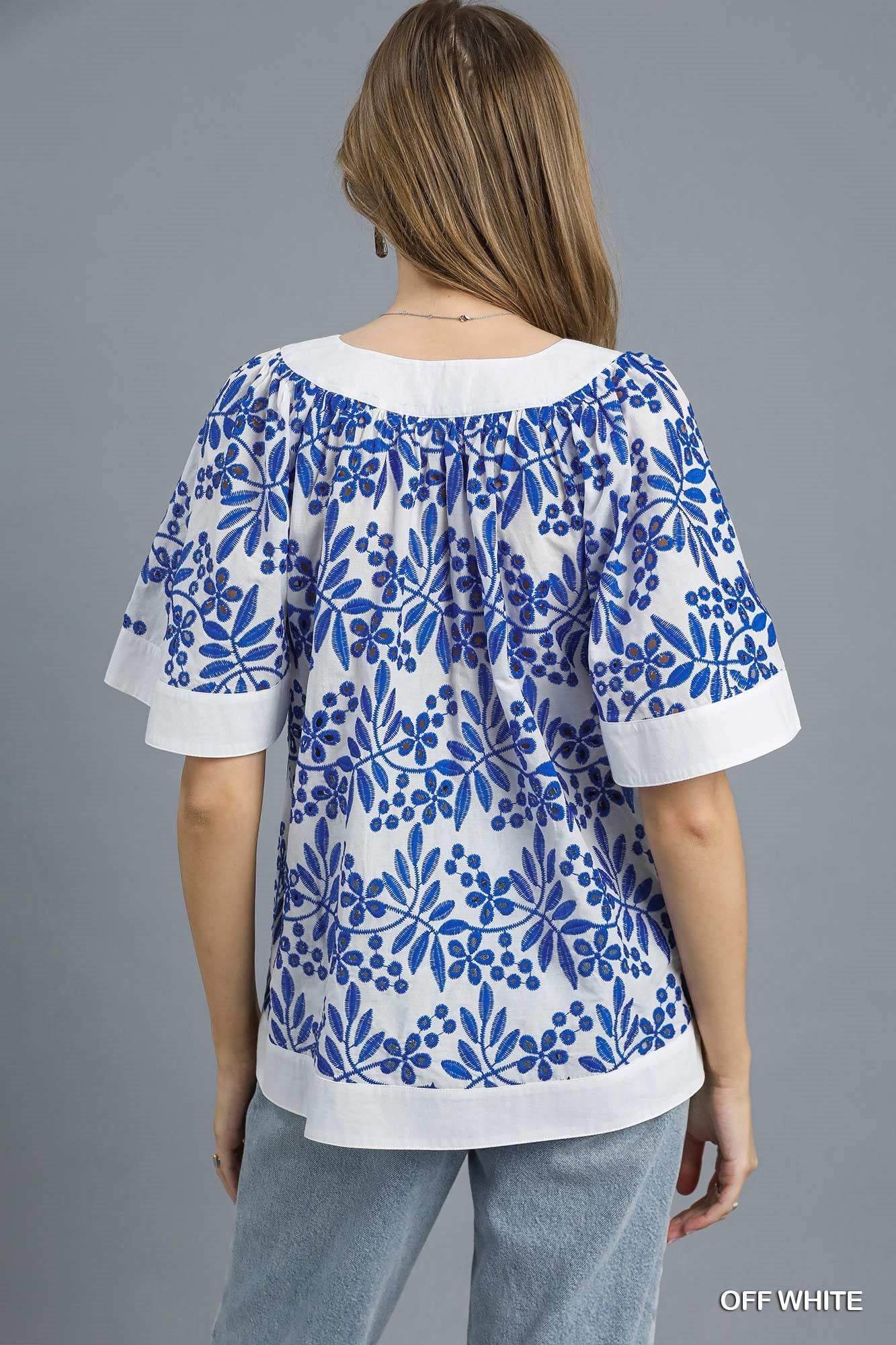 Floral Eyelet Split Neck Top