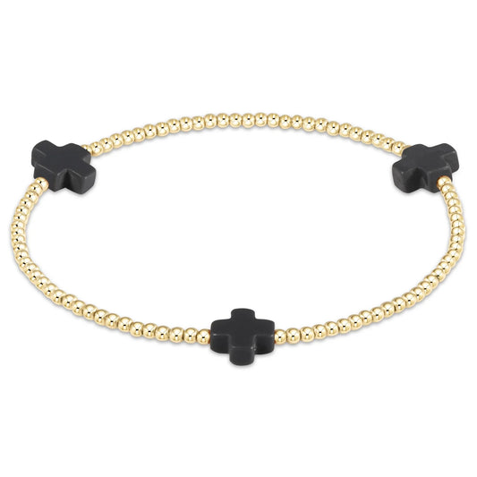 signature cross  gold pattern 2mm bead bracelet - Onyx