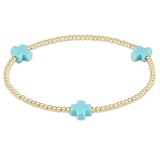signature cross  gold pattern 2mm bead bracelet - Turquoise