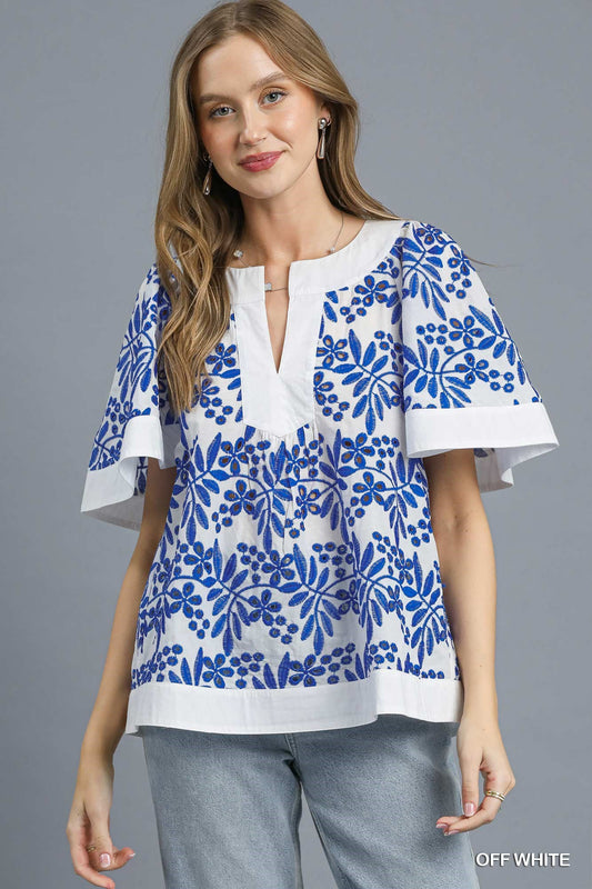 Floral Eyelet Split Neck Top