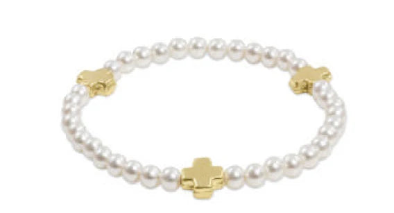 signature cross pearl pattern 4mm bead bracelet- gold