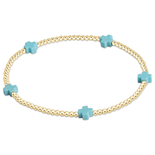 signature cross small gold pattern 2mm bead bracelet - turquoise